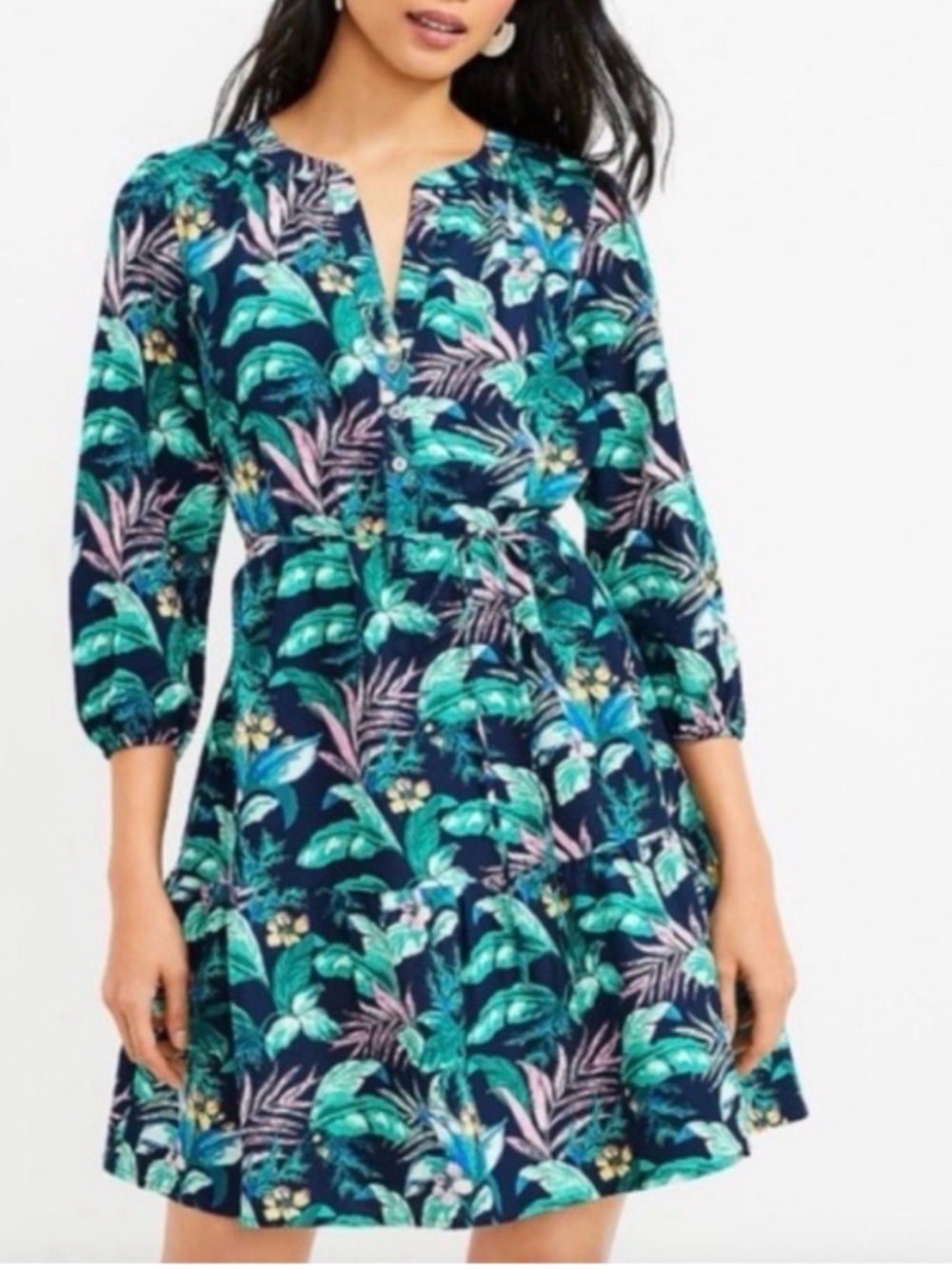 LOFT Palm Henley Flounce Shirtdress Size Medium